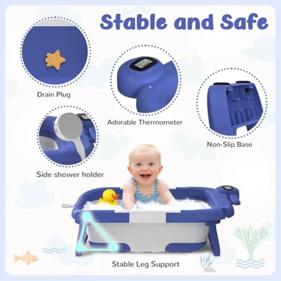 Foldable Baby Bathtub with Cushion and Kneeling Pad Large Infant Bath Tub with Thermometer and Support Pillow Portable Newborn