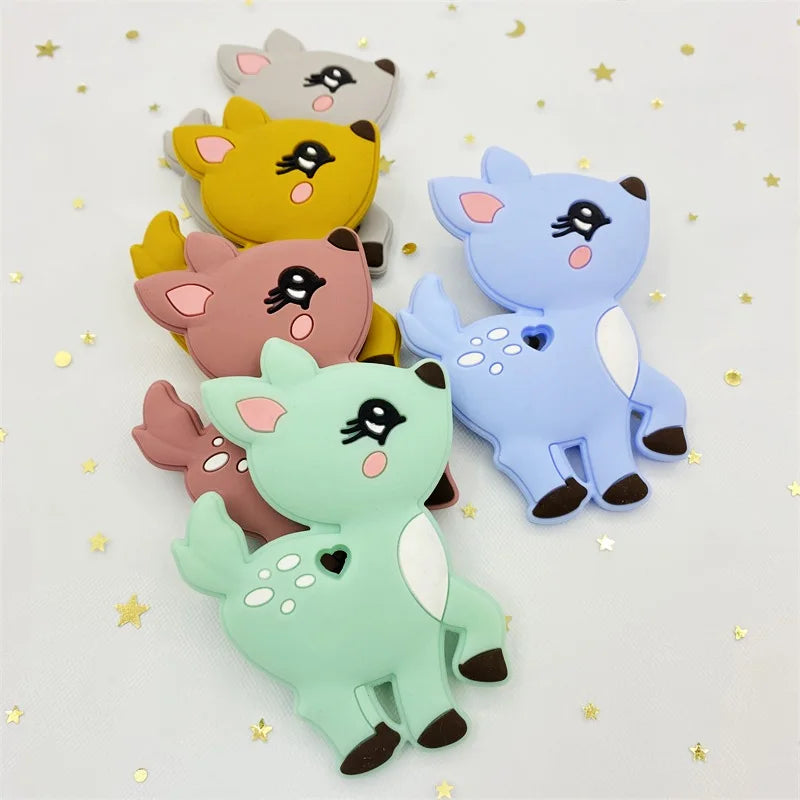 5pcs food grade silicone baby teether baby teething toy pendant bear rabbit cat dinosaur beads DIY hippo lion chew