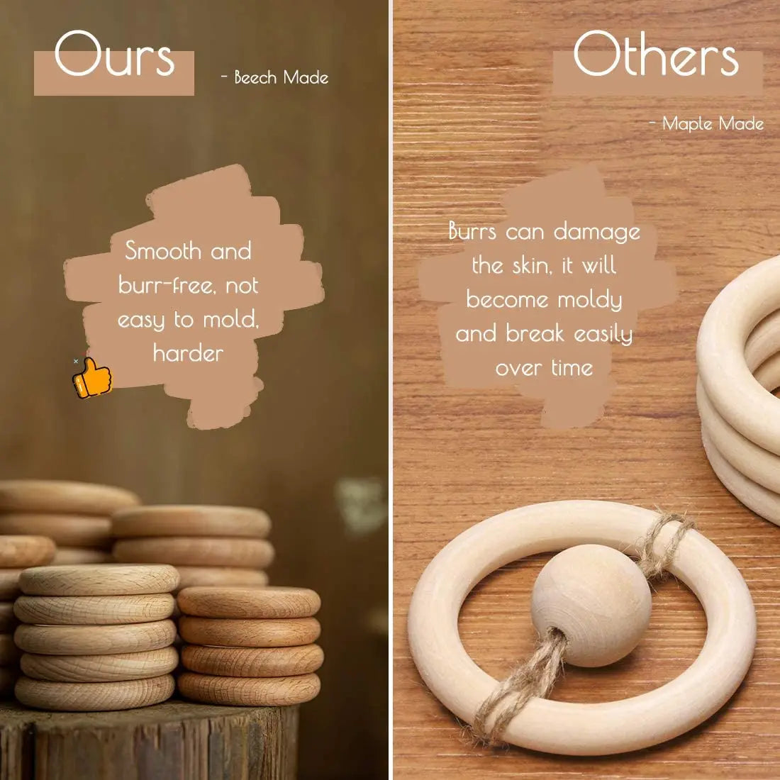 Let's Make Beech Wood 50pc Wooden Ring 40/55/60/70mm Wooden Teether DIY Bracelet Crafts Gift Teething Accessory Baby Teether