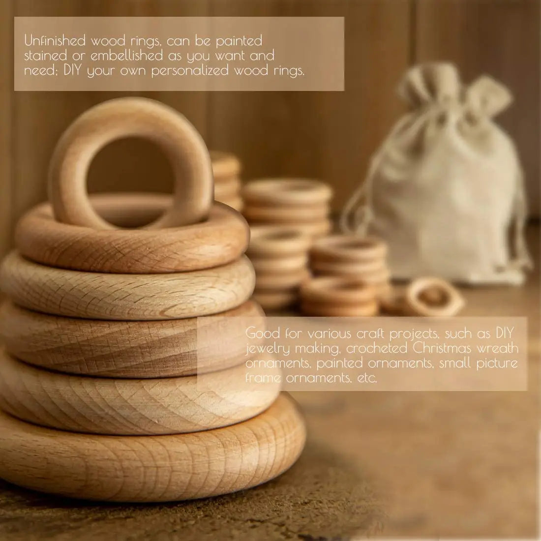 Let's Make Beech Wood 50pc Wooden Ring 40/55/60/70mm Wooden Teether DIY Bracelet Crafts Gift Teething Accessory Baby Teether