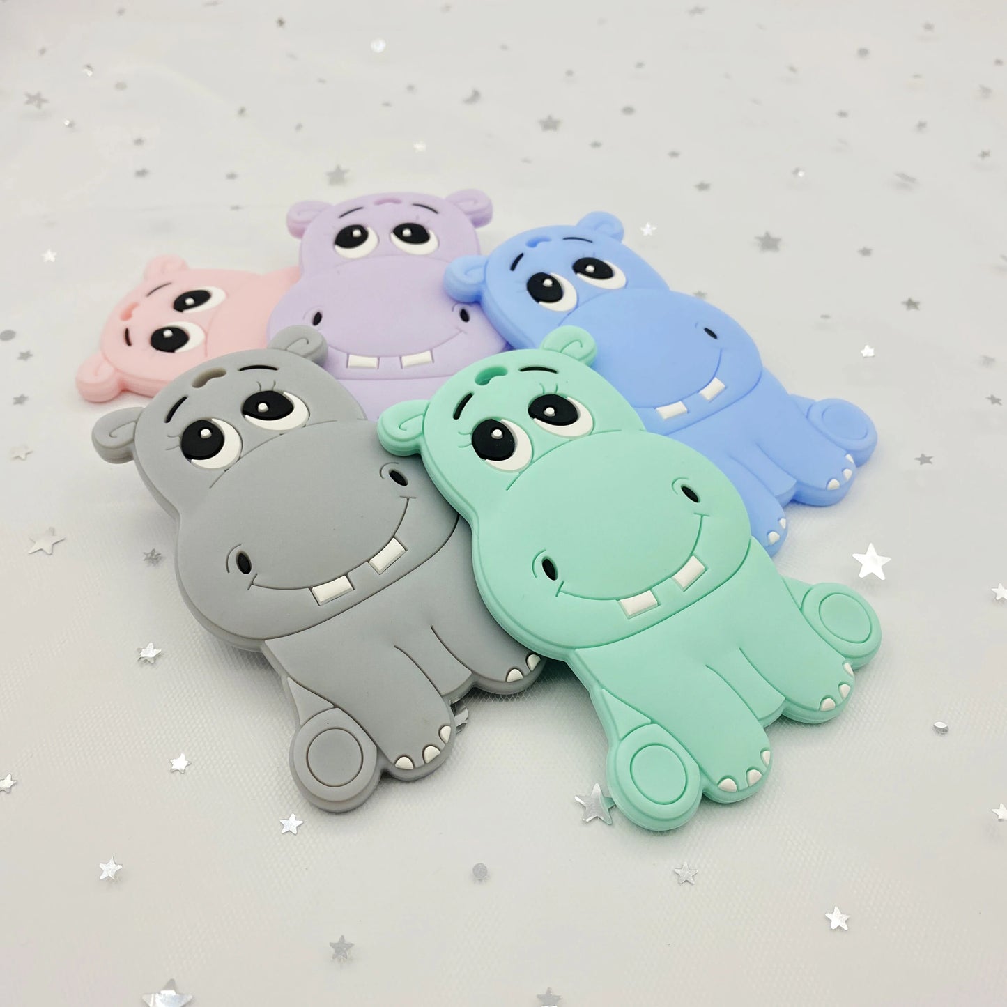 5pcs food grade silicone baby teether baby teething toy pendant bear rabbit cat dinosaur beads DIY hippo lion chew