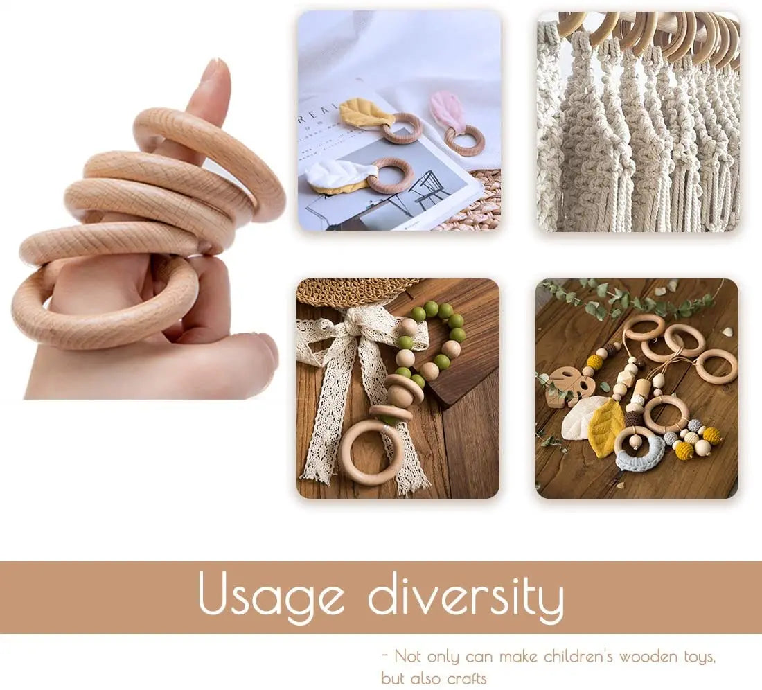 Let's Make Beech Wood 50pc Wooden Ring 40/55/60/70mm Wooden Teether DIY Bracelet Crafts Gift Teething Accessory Baby Teether