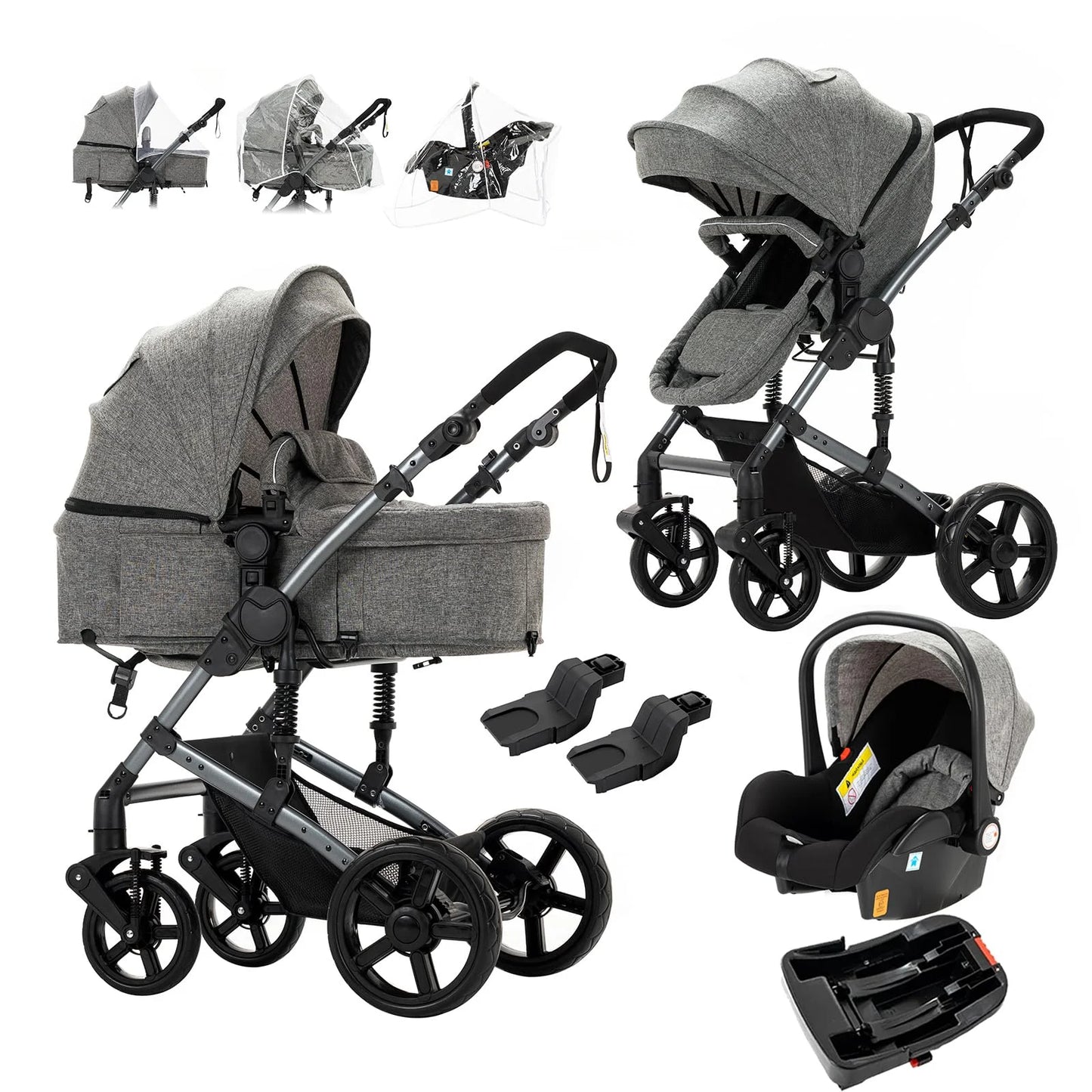 Multifunctional Stroller 3-in-1 with Car Seat and Isofix Newborn Travel System High View Pram Foldable Portable Carriage