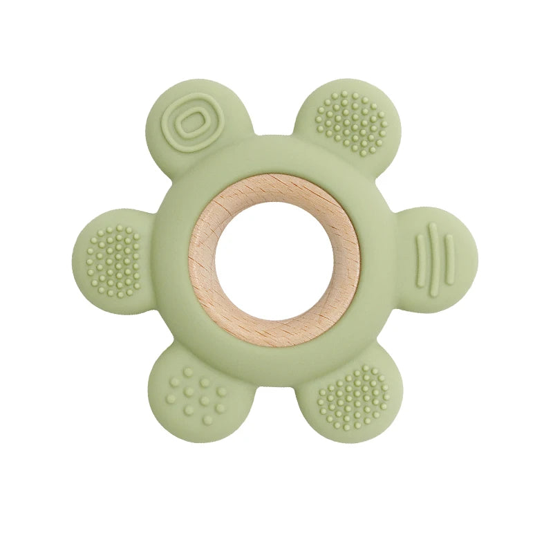 hot sale Baby wooden teether flower silicone teether Food Grade Safe Teether with wooden ring  Toy Teething gift
