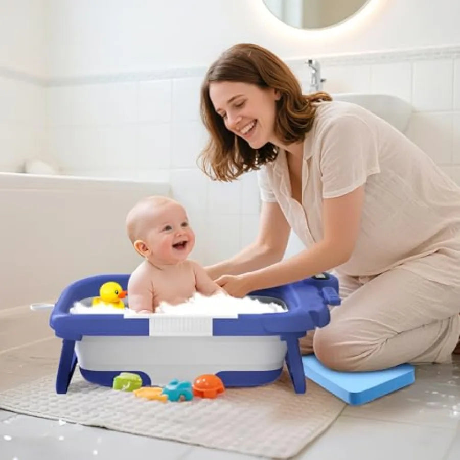 Foldable Baby Bathtub with Cushion and Kneeling Pad Large Infant Bath Tub with Thermometer and Support Pillow Portable Newborn