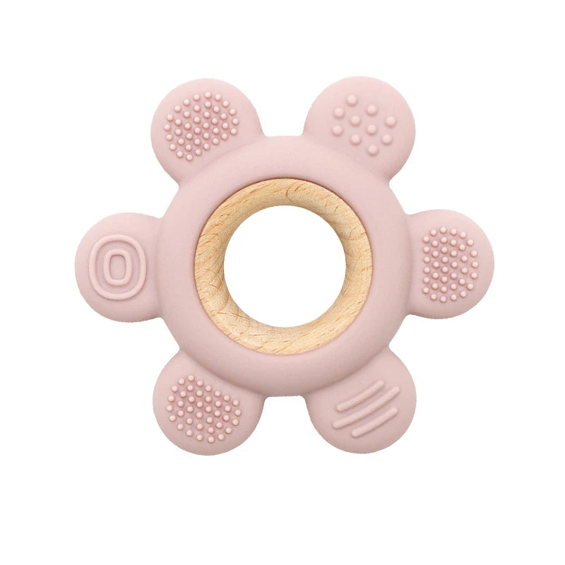 hot sale Baby wooden teether flower silicone teether Food Grade Safe Teether with wooden ring  Toy Teething gift