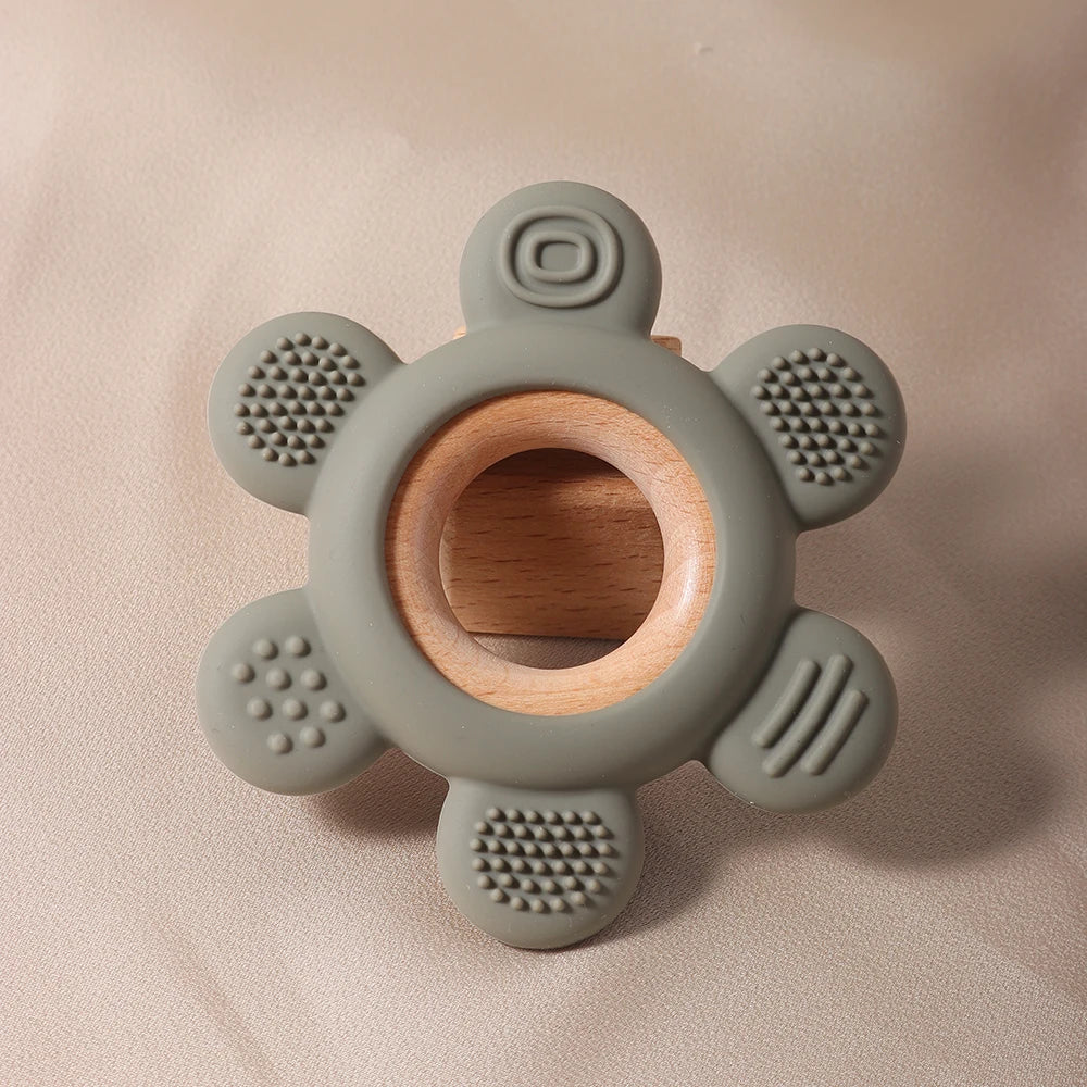 hot sale Baby wooden teether flower silicone teether Food Grade Safe Teether with wooden ring  Toy Teething gift