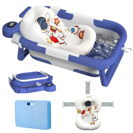 Foldable Baby Bathtub with Cushion and Kneeling Pad Large Infant Bath Tub with Thermometer and Support Pillow Portable Newborn