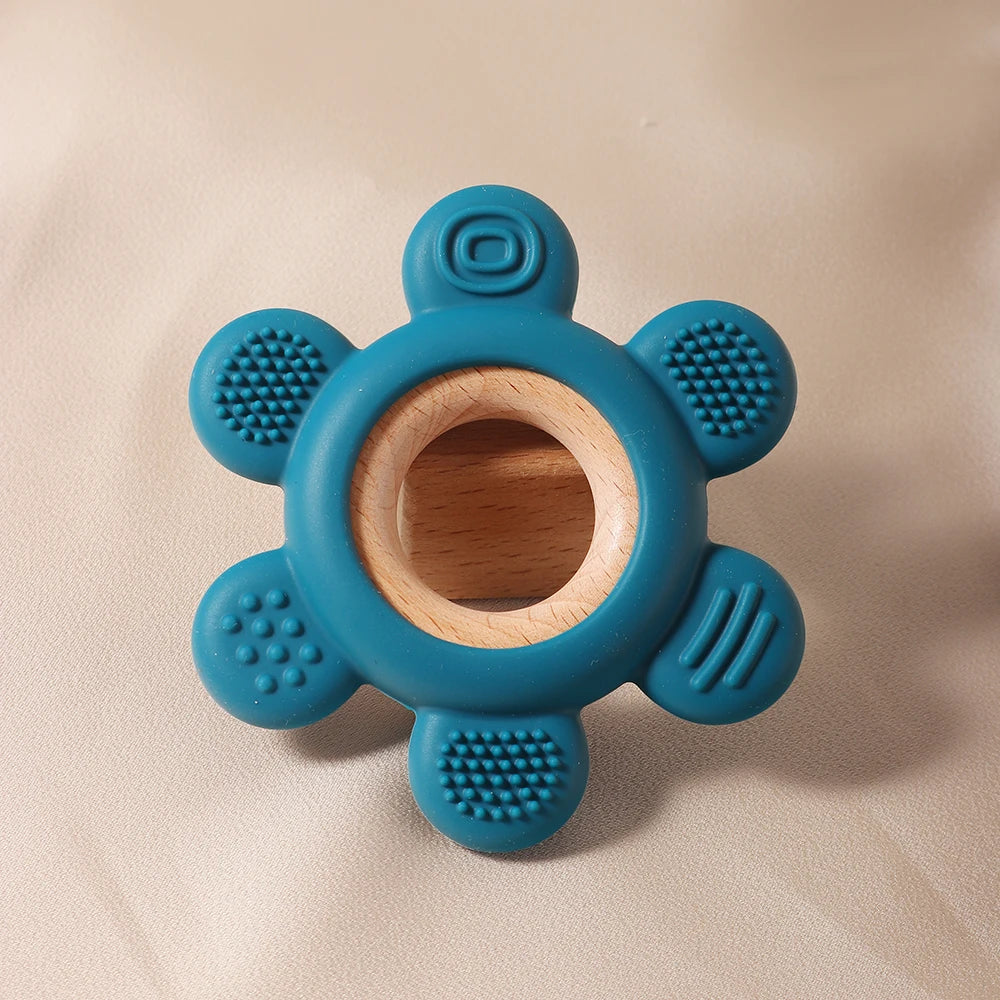 hot sale Baby wooden teether flower silicone teether Food Grade Safe Teether with wooden ring  Toy Teething gift