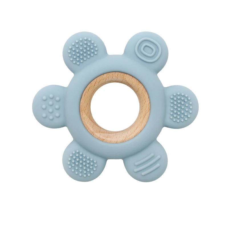 hot sale Baby wooden teether flower silicone teether Food Grade Safe Teether with wooden ring  Toy Teething gift