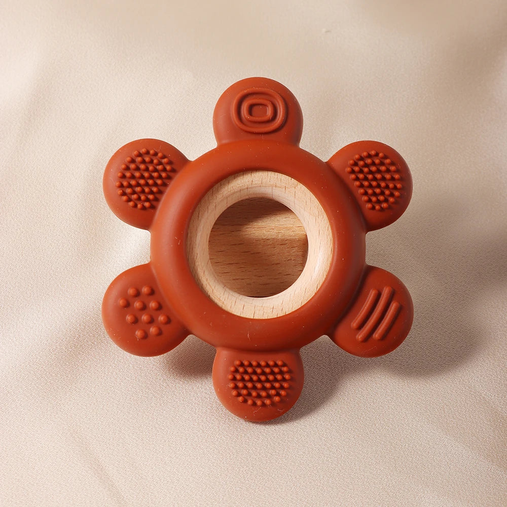 hot sale Baby wooden teether flower silicone teether Food Grade Safe Teether with wooden ring  Toy Teething gift