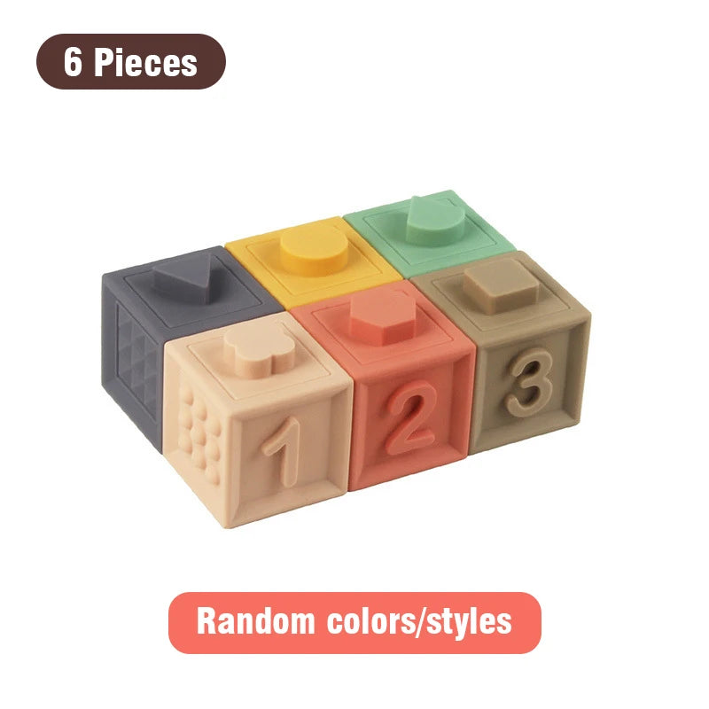Block Toy Soft Silicone Soft Cubes Stacking Tower Bath Teether Rattles Building Blocks Montessori Educational Toys Newborn Gift