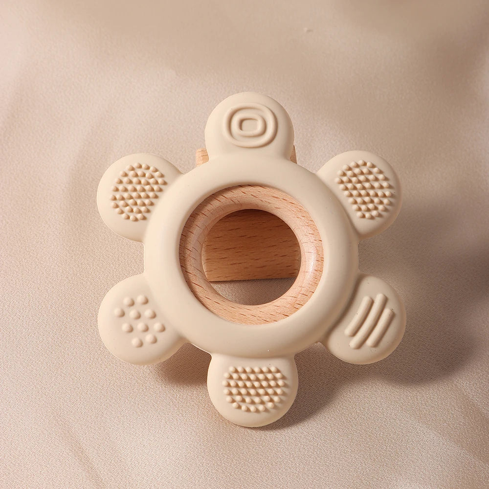 hot sale Baby wooden teether flower silicone teether Food Grade Safe Teether with wooden ring  Toy Teething gift