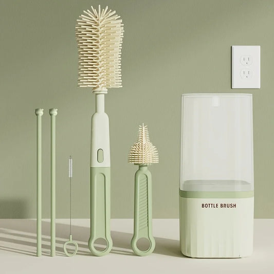 Baby Silicone Bottle Brush Portable Straight Handle Cleaning Tool Set 360° Rotating Drying Rack Combination Bottle Washing Brush