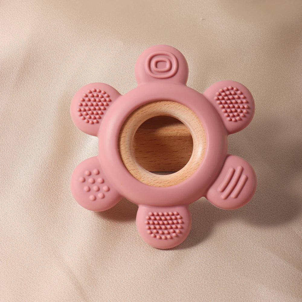 hot sale Baby wooden teether flower silicone teether Food Grade Safe Teether with wooden ring  Toy Teething gift