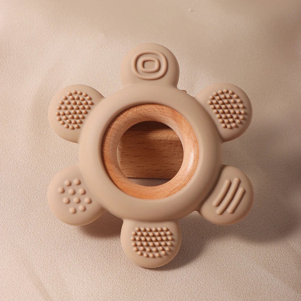 hot sale Baby wooden teether flower silicone teether Food Grade Safe Teether with wooden ring  Toy Teething gift